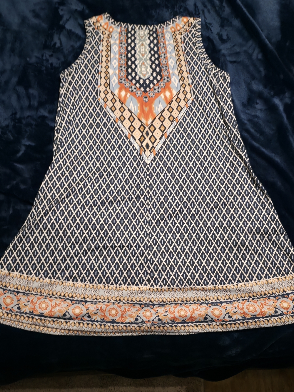 Women's Navy and Orange Sleeveless Patterned Summer Dress
